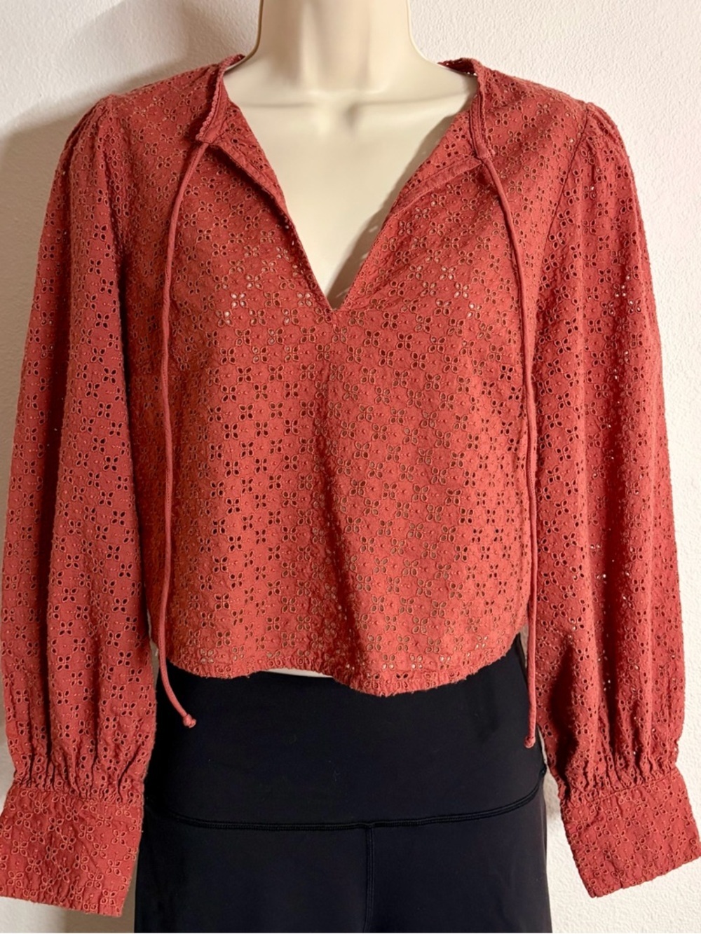 Topshop Eyelet Lace Up V-Neck Balloon Sleeve Top Rust Boho Large